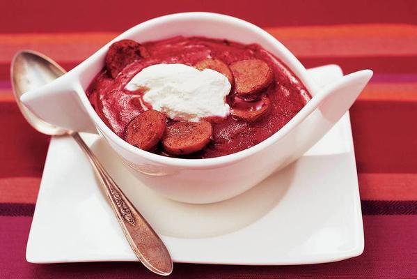 beetroot soup with beef smoked sausage