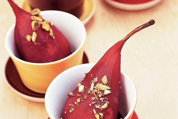 pears with pistachio nuts in wine syrup