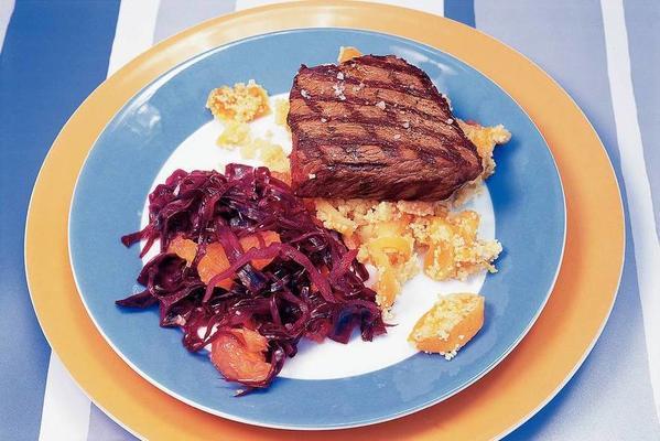 grilled steak with red cabbage