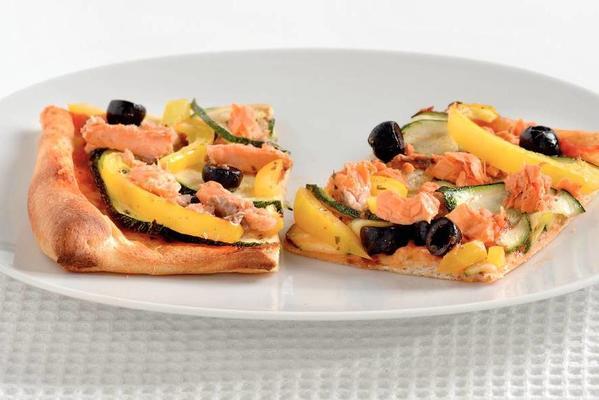 pizza with zucchini and red salmon