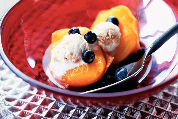 warm peaches with dessert wine and macaroon ice cream