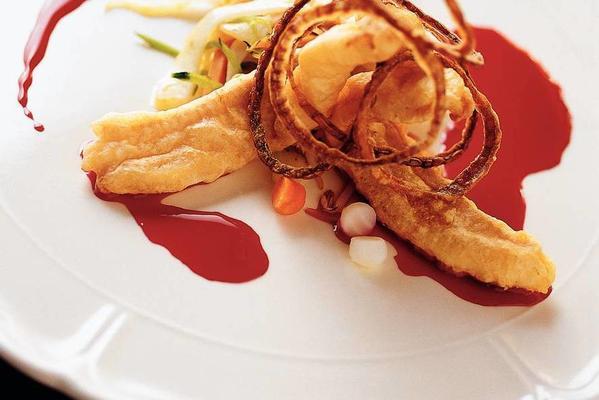 deep fried sole with ginger-beet sauce