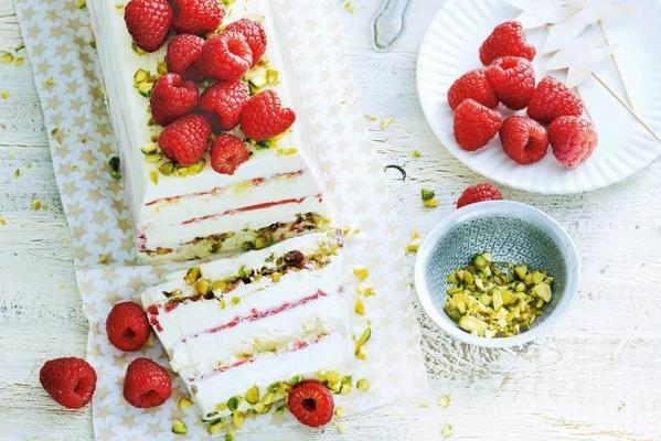 raspberry ice-cream cake with pistachio nuts