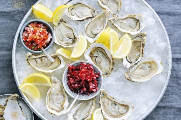 oysters with marinated beetroot and red pepper tomato salsa