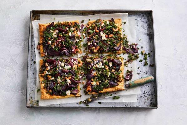 plate pie with beet, kale and goat cheese