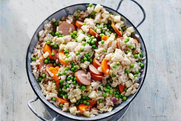 risotto with peas, winter carrots, celeriac and smoked sausage