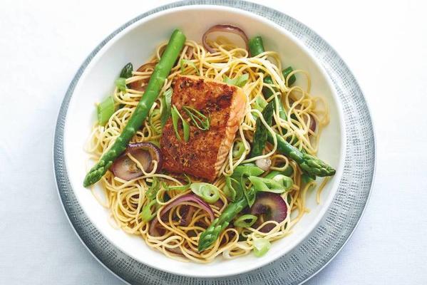 shichimi salmon with asparagus noodles