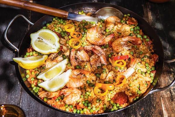 paella with chicken and king prawns