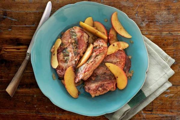 pheasant in cider with sage, bacon and apple