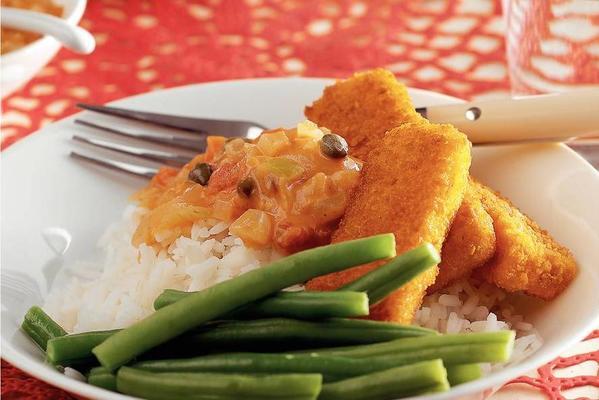 fish fingers with tomato coconut sauce