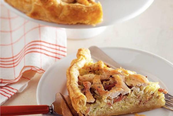 pie with bacon, chicken and white cabbage