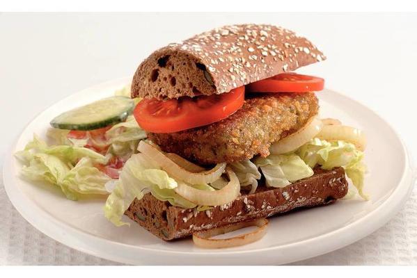 vegaburger sandwich with cucumber salad