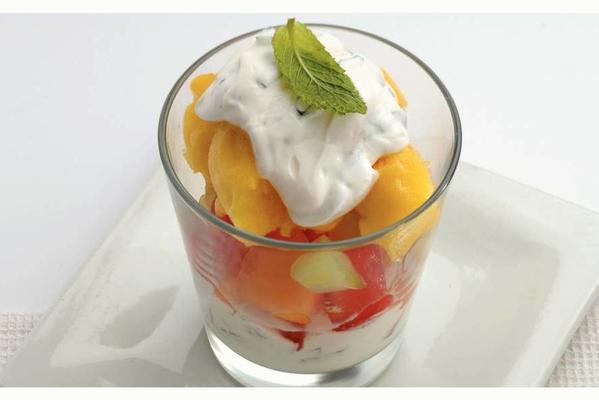 mango ice with melon salad and yoghurt sauce