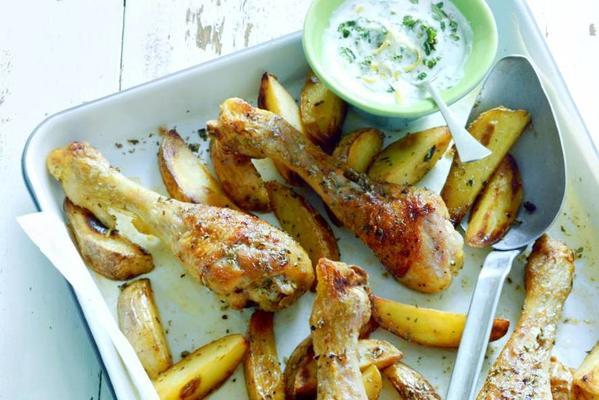 oven chicken and chips with yogurt-mint dip