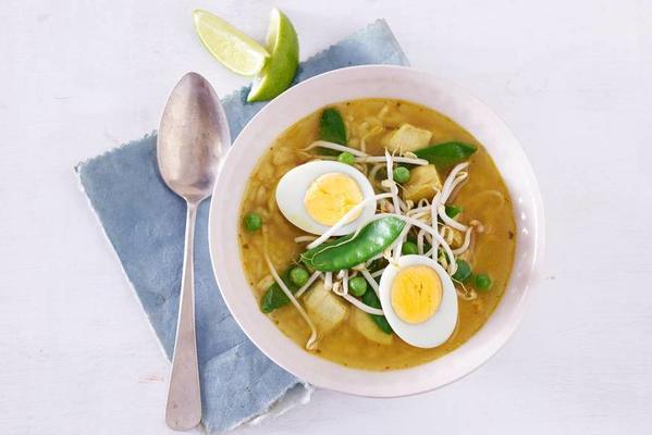 fast soto with chicken, rice and snow peas