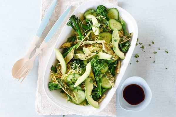 noodle salad with asparagus broccoli, omelet and spicy soy dressing