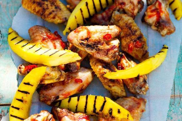 spicy chicken wings with mango and peanut dip