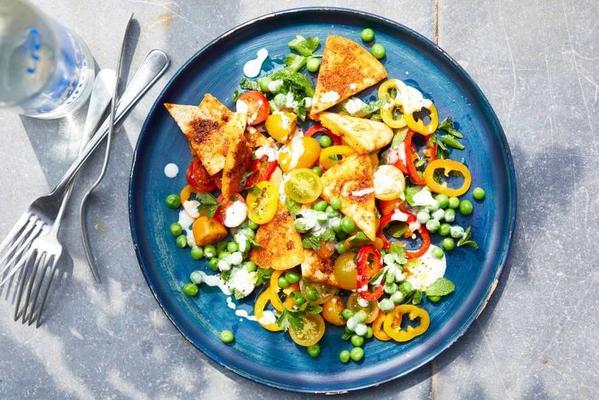 fattoush with pita, peas and sweet vegetables