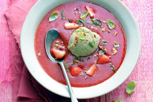 strawberry soup with soy yoghurt ice cream