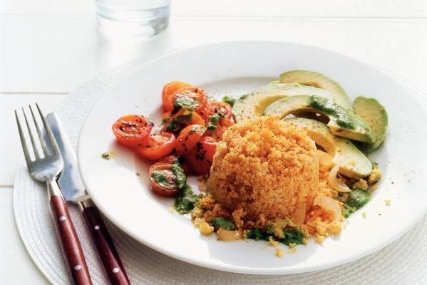 oven couscous with tomatoes and avocado
