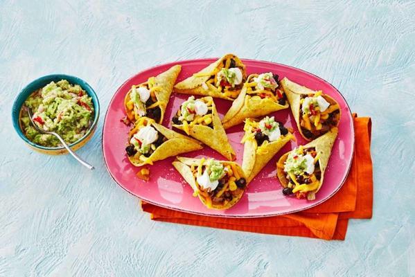 tacocones with black bean chilli, cheddar and guacamole
