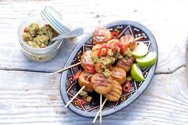 grilled coquille skewers with thai cucumber dip