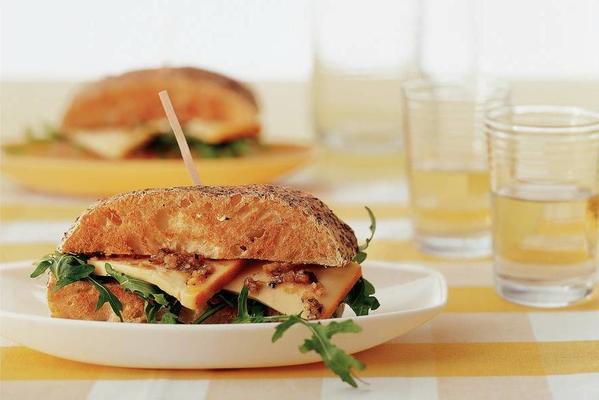 focacci sandwich with arugula and abbey cheese