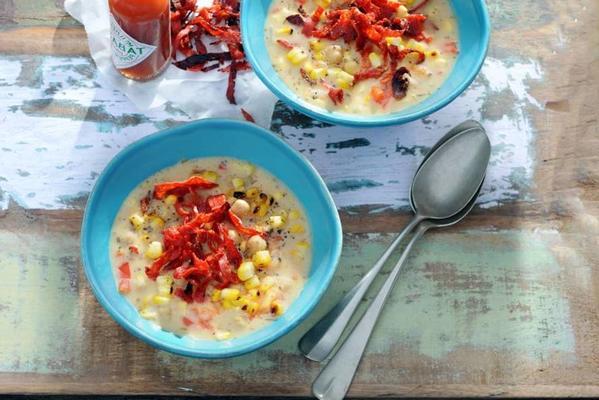corn soup with chorizo, chickpeas and peppers