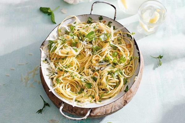 spaghetti aglio olio with fresh herbs
