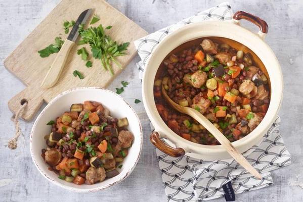 aduki bean stew with sausages and eggplant