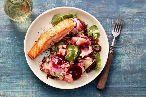 baked salmon with beet-watercress stamp