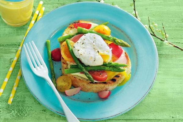 toast with spring vegetables and poached egg