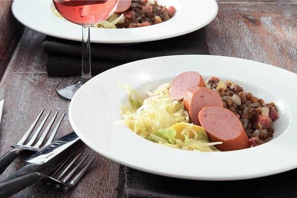 lentil dish with bacon, smoked sausage and cabbage