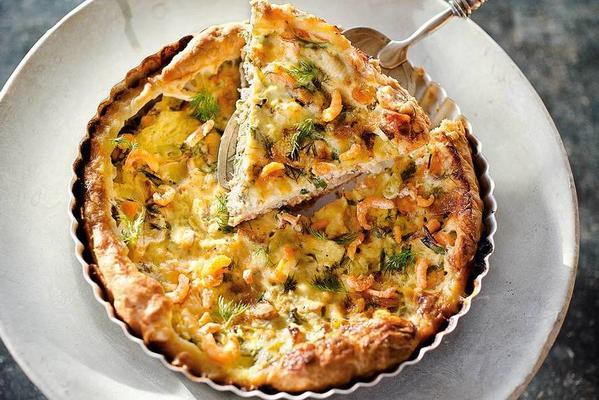 salmon quiche with dill and shrimps