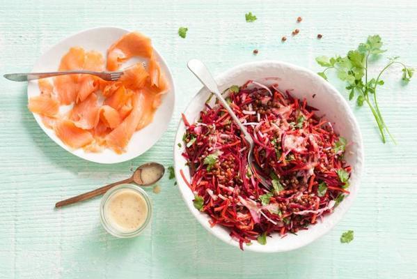 salad of carrot, beetroot, lentils and smoked salmon
