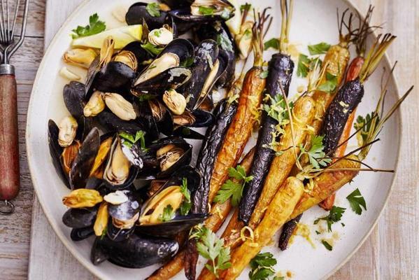 mussels in sherry with roasted carrot