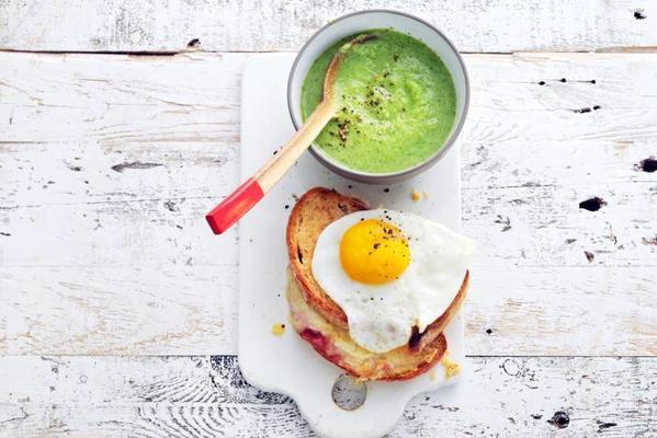 croque madame with broccoli soup