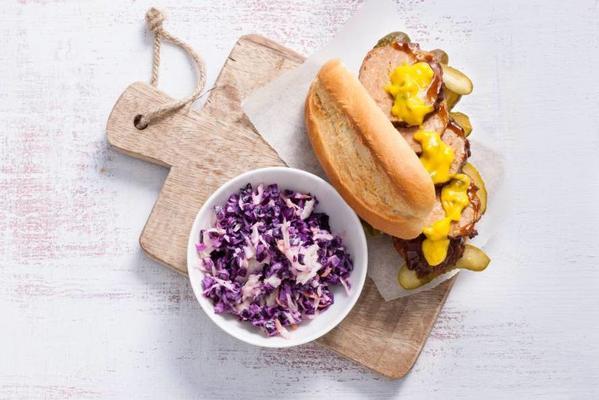 roll ball with pickle, piccalilly and red cabbage salad