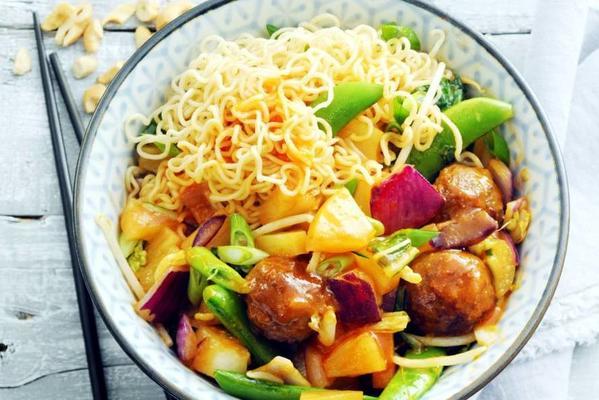 asian wok vegetables with pineapple and minced meat