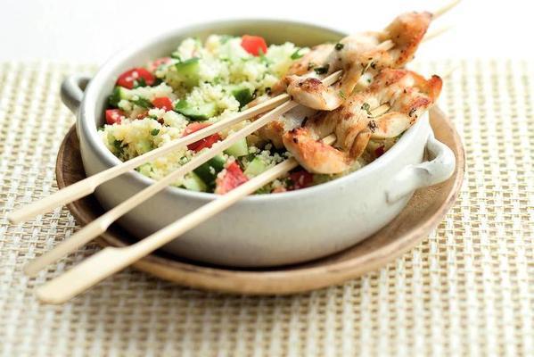 lemon chicken skewers with cucumber couscous