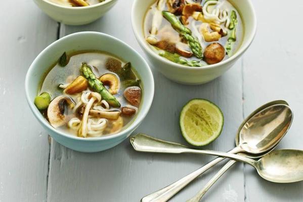 noodle soup with asparagus and nuts