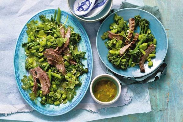thai salad with beef, broad beans and asparagus broccoli