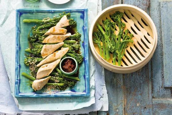 asparagus broccoli with sesame and poached chicken with sambal