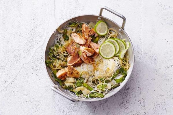 noodles with endive, fried salmon and lime
