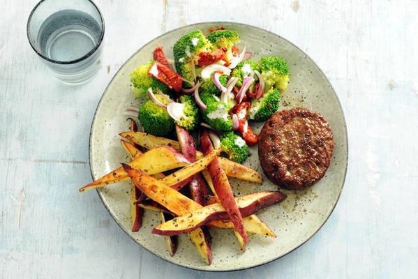 beefburger with sweet potato fries and broccoli salad
