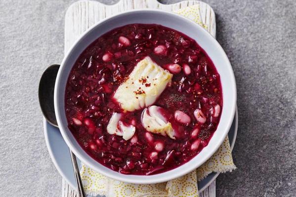 red cabbage meal soup with white beans, beet and whitefish