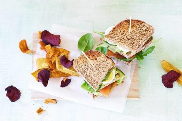 wholemeal club sandwich with egg, salmon and cucumber
