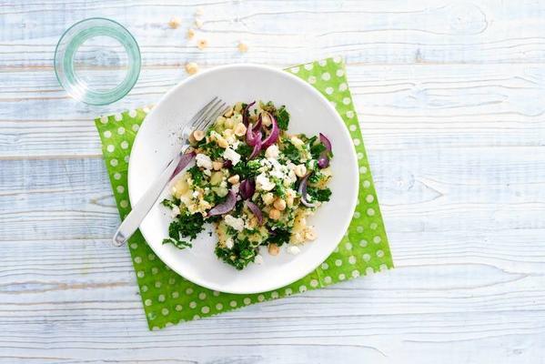 kale stew with feta, red onion and hazelnuts