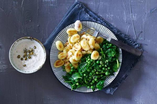 fried gnocchi with green vegetables and tuna dip