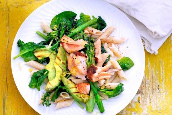 spelled pasta with avocado and salmon